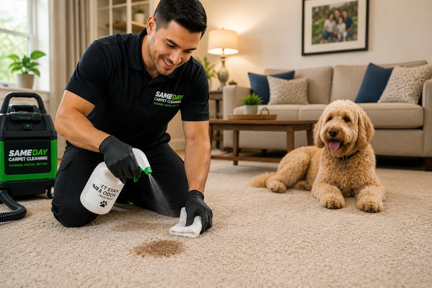 Technician treating a pet stain on carpet