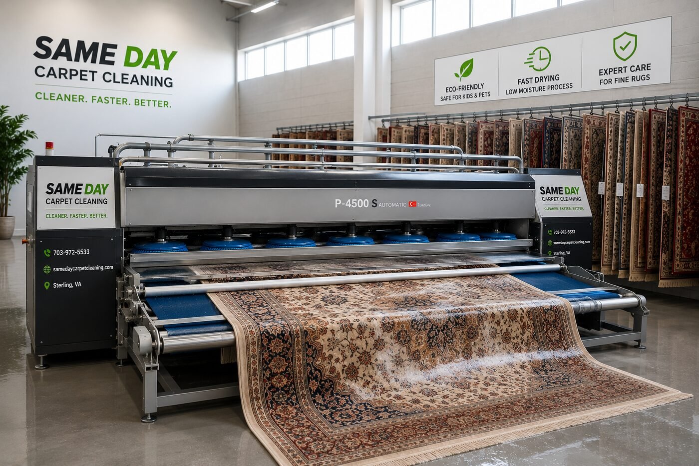Area rug being cleaned on facility equipment