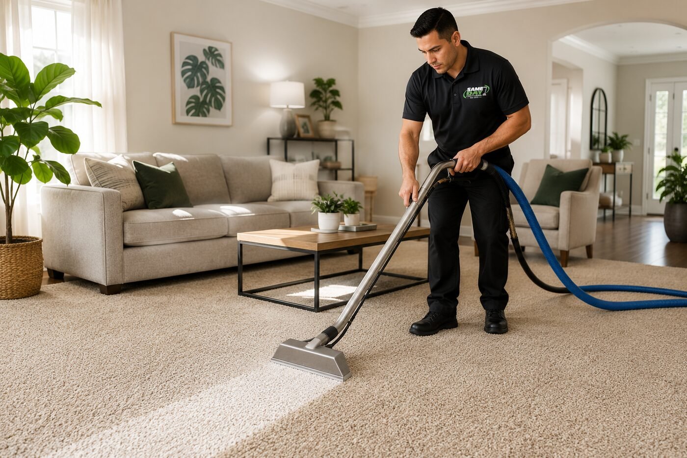 Technician deep cleaning wall-to-wall carpet