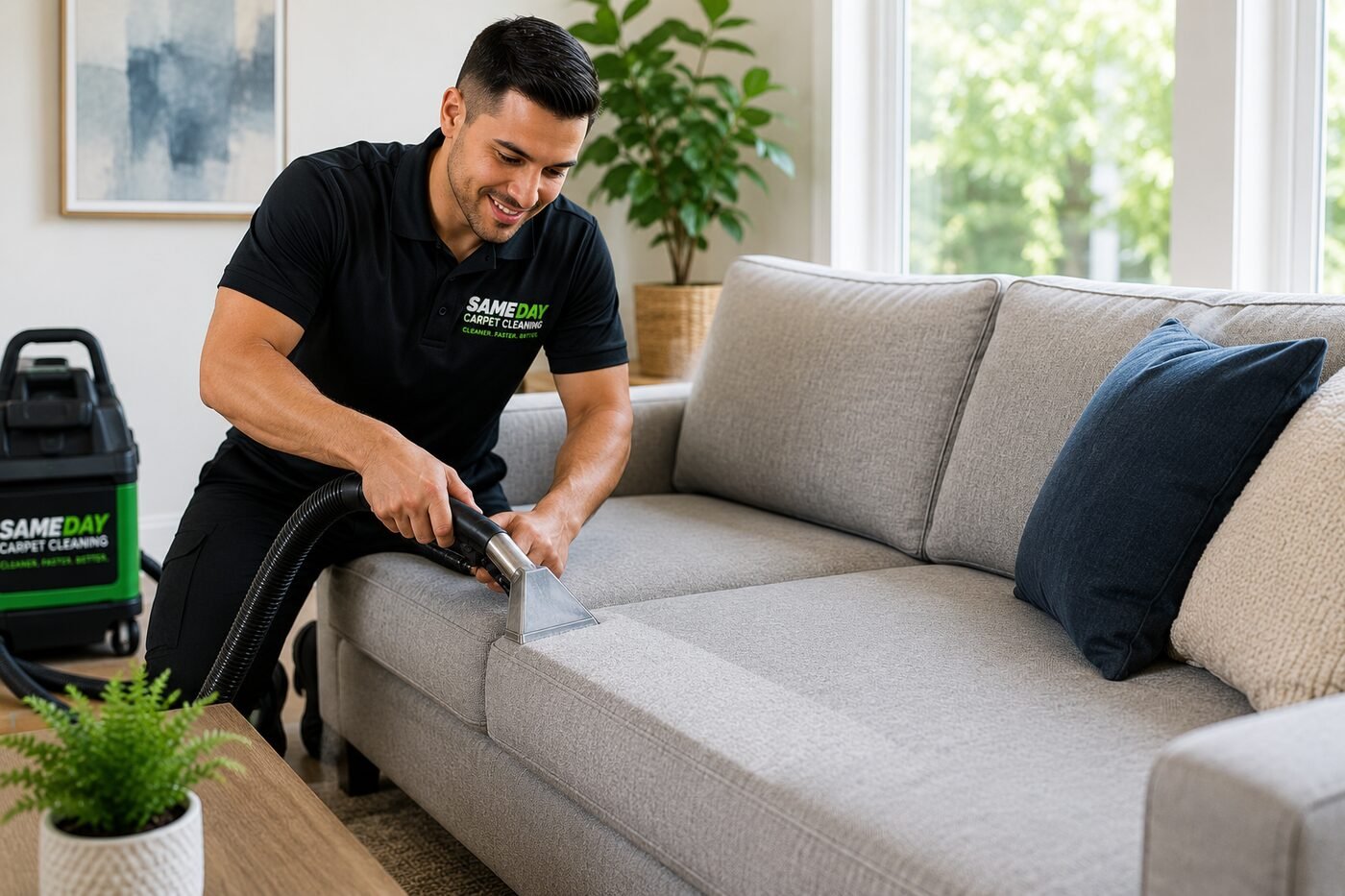 Technician cleaning a fabric sofa